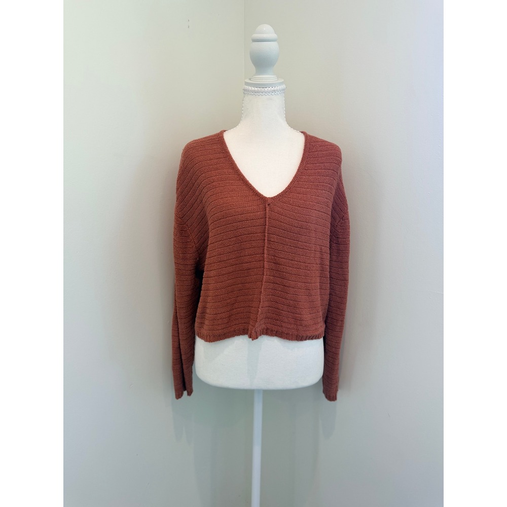Billabong Womens V Neck Cropped Sweater Rust Orange Textured Knit Size Medium